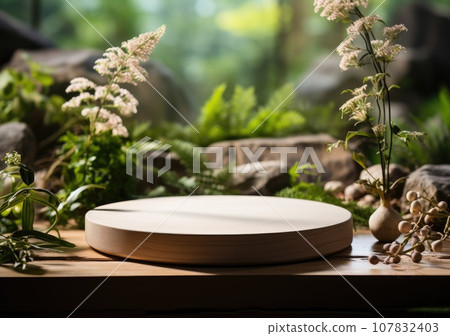 Natural stone and concrete podium in Natural green background for Empty show for packaging product presentation. Background for cosmetic products, the scene with green leaves. Mock up the pedestal. AI 107832403