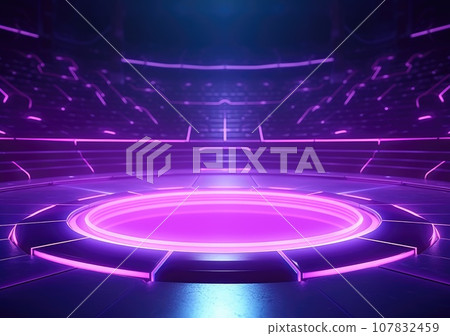 neon stadium stage, Glowing neon lighting and a blank platform for product placement, Satge platform for concert. AI Generative. neon stadium stage, Glowing neon lighting and a blank platform for product placement, Satge platform for concert. AI Generative. 107832459
