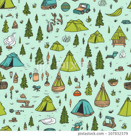 Cute hand drawn seamless pattern with camping doodles, tents, landscape and trails, great for textiles, banners, wallpapers. AI Generative. 107832579