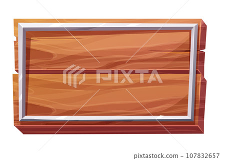 Wood panel with metal border, frame in cartoon style isolated on white background. Signboard bar, menu template, game ui background. 107832657
