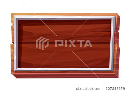 Wood panel with metal border, frame in cartoon style isolated on white background. Signboard bar, menu template, game ui background. 107832659