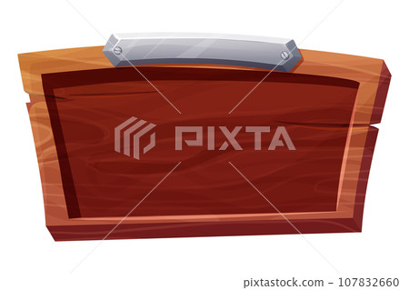 Wood panel with metal border, frame in cartoon style isolated on white background. Signboard bar, menu template, game ui background. 107832660