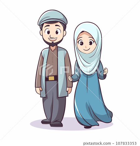 Muslim couple hand-drawn comic illustration. Muslim couple. Vector doodle style cartoon illustration 107833353