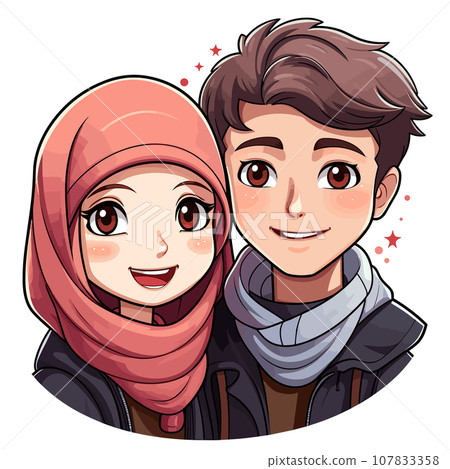 Muslim couple hand-drawn comic illustration. Muslim couple. Vector doodle style cartoon illustration 107833358