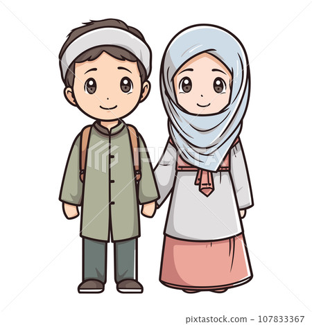 Muslim couple hand-drawn comic illustration. Muslim couple. Vector doodle style cartoon illustration 107833367