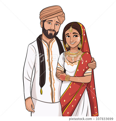 Indian couple hand-drawn comic illustration. Indian couple. Vector doodle style cartoon illustration Indian couple hand-drawn comic illustration. Indian couple. Vector doodle style cartoon illustration 107833699