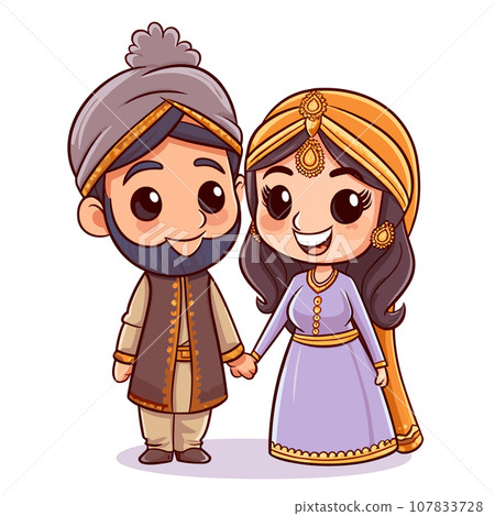 Indian couple hand-drawn comic illustration. Indian couple. Vector doodle style cartoon illustration 107833728