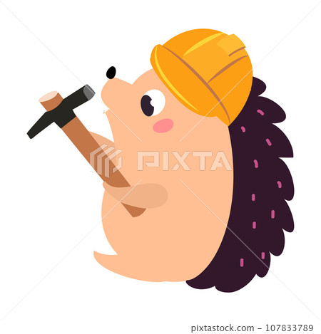Hedgehog Builder Character in Hard Hat Holding Hammer Tool Vector Illustration Hedgehog Builder Character in Hard Hat Holding Hammer Tool Vector Illustration 107833789