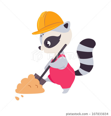 Raccoon Builder Character in Hard Hat Dig Sand with Shovel Vector Illustration 107833834