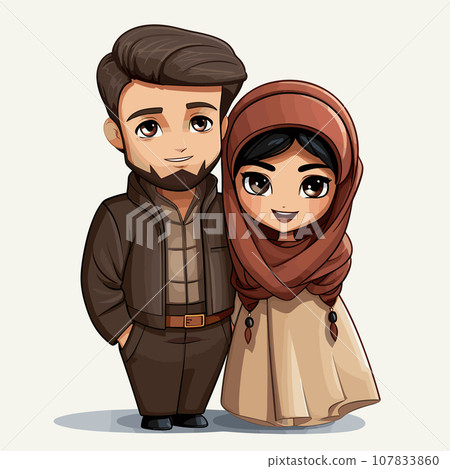 Arabian couple hand-drawn comic illustration. Arab couple. Vector doodle style cartoon illustration 107833860
