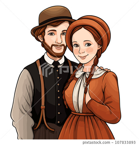 Amish couple hand-drawn comic illustration. Amish couple. Vector doodle style cartoon illustration 107833893