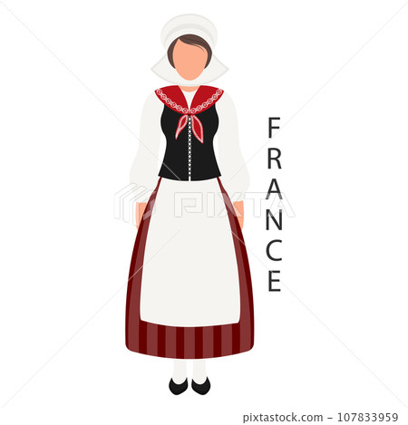 Woman in French national traditional costume. Culture and retro traditions of France. Illustration, template, vector Woman in French national traditional costume. Culture and retro traditions of France. Illustration, template, vector 107833959