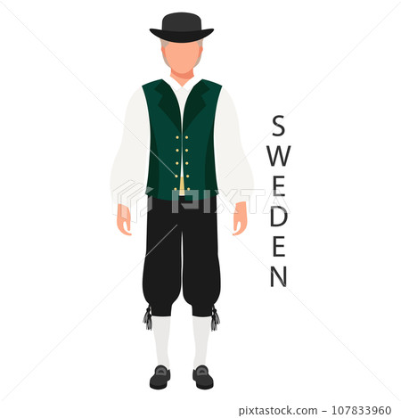 A man in Swedish national traditional costume. Culture and retro traditions of Sweden. Illustration, template, vector 107833960
