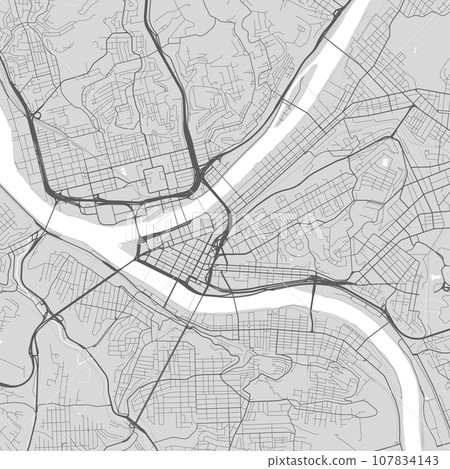 Map of Pittsburgh city, Pennsylvania, United States. Urban black and white poster. Road map with metropolitan city area view. Map of Pittsburgh city, Pennsylvania, United States. Urban black and white poster. Road map with metropolitan city area view. 107834143