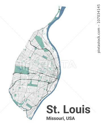 St. Louis map, Missouri, American city. Municipal administrative area map with rivers and roads, parks and railways. 107834145