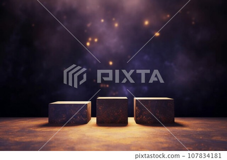 A template with a purple background, small golden round bokeh lights and three square display stands. AI generated image 107834181