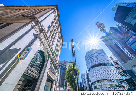 Tokyo cityscape in Japan: For tomorrow. Free from Corona, Ginza and Ginza Station entrances. Expanding blue skies...towards a shining era = October 16th 107834354
