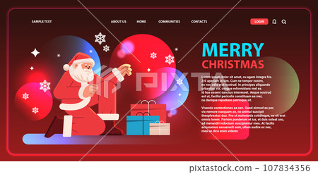 santa claus in red costume sitting on floor near gift boxes happy new year merry christmas holidays celebration concept 107834356