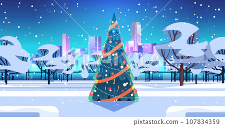 city park with decorated christmas tree and snowflakes in night sky happy new year winter holidays celebration concept 107834359