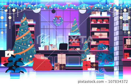 christmas tree and gifts in decorated cabinet new year holiday celebration concept office interior horizontal 107834372