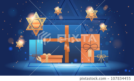 happy hanukkah judaism religious holidays hebrew celebration greeting card star of david symbol with gift boxes horizontal 107834455