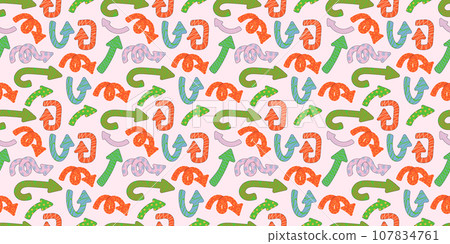 Direction indicators seamless pattern. Naive playful arrow pointers with vector texture in trendy retro style. Y2k aesthetic. Dynamic arrow signs for design 107834761