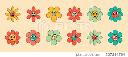 Set of 70s groovy daisy flowers with funny faces in Hippie retro style. Vector illustration Set of 70s groovy daisy flowers with funny faces in Hippie retro style. Vector illustration 107834764