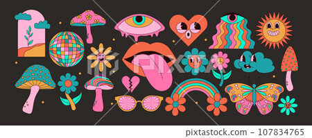Groovy hippie set of colorful mushrooms, sun, flower, lips, eyes, sunglasses and etc. Sticker pack in trendy retro trippy style. Vector illustration Groovy hippie set of colorful mushrooms, sun, flower, lips, eyes, sunglasses and etc. Sticker pack in trendy retro trippy style. Vector illustration 107834765