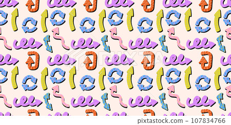 Playful arrows seamless pattern in trendy retro memphis style with vector texture. Dynamic arrow signs for design. Playful arrows seamless pattern in trendy retro memphis style with vector texture. Dynamic arrow signs for design. 107834766