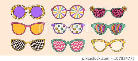 Groovy trippy psychedelic sunglasses set in trendy retro 1970s style. Vector illustration Groovy trippy psychedelic sunglasses set in trendy retro 1970s style. Vector illustration 107834775