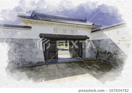 水彩風格赤穗城本丸櫓門兵庫縣赤穗市 107834782
