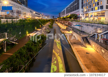 Cheonggyecheon Stream at night, the public modern recreation space, is a popular tourist destination When visiting Seoul. Cheonggyecheon Stream at night, the public modern recreation space, is a popular tourist destination When visiting Seoul. 107834817