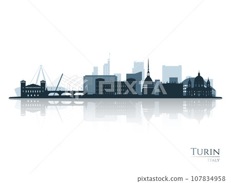 Turin skyline silhouette with reflection. Turin skyline silhouette with reflection. 107834958