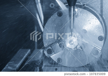 The 5-axis CNC milling machine cutting the turbocharger part with solid ball end mill tool. The 5-axis CNC milling machine cutting the turbocharger part with solid ball end mill tool. 107835009
