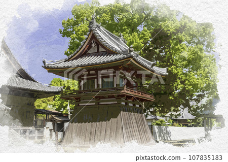 Watercolor painting style Ikaruga Temple bell tower Taishi Town, Ibo District, Hyogo Prefecture 107835183