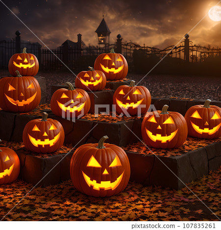 Halloween realistic Pumpkin house background with spooky pumpkin jack o lantern in a dark moody forest 107835261