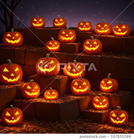 Halloween realistic Pumpkin house background with spooky pumpkin jack o lantern in a dark moody forest 107835269