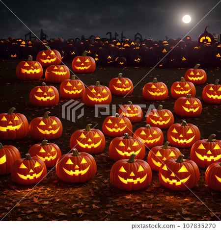 Halloween realistic Pumpkin house background with spooky pumpkin jack o lantern in a dark moody forest 107835270