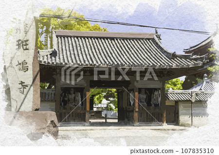 Watercolor painting style Ikaruga Temple Niomon Gate Taishi Town, Ibo District, Hyogo Prefecture 107835310