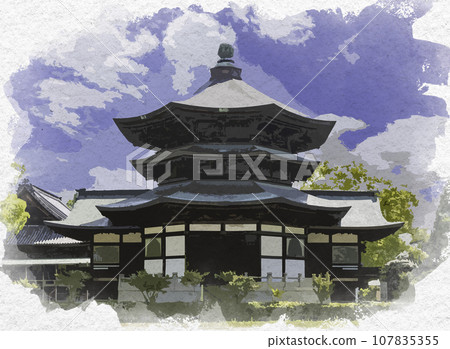 Watercolor painting style Ikaruga Temple Shotokuden back hall Okuden Taishi Town, Ibo District, Hyogo Prefecture 107835355