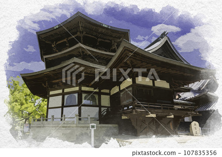 水彩畫風格斑鳩寺聖德殿後殿兵庫縣伊保郡奧殿太子町 水彩畫風格斑鳩寺聖德殿後殿兵庫縣伊保郡奧殿太子町 107835356