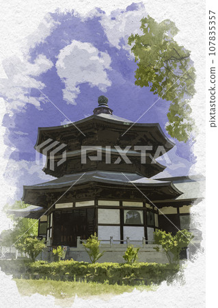 水彩畫風格斑鳩寺聖德殿後殿兵庫縣伊保郡奧殿太子町 水彩畫風格斑鳩寺聖德殿後殿兵庫縣伊保郡奧殿太子町 107835357