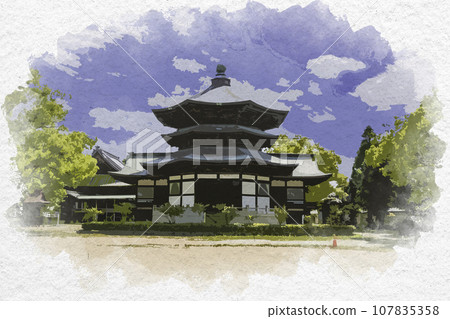 Watercolor painting style Ikaruga Temple Shotokuden back hall Okuden Taishi Town, Ibo District, Hyogo Prefecture Watercolor painting style Ikaruga Temple Shotokuden back hall Okuden Taishi Town, Ibo District, Hyogo Prefecture 107835358