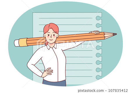 Smiling woman with huge pencil 107835412