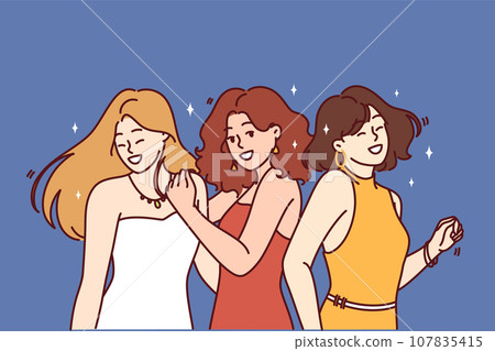 Three dancing women in evening dresses participate in birthday party or dance festival 107835415