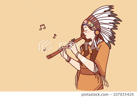 Injun or shaman woman playing flute, dressed in ethnic attire and headdress with feathers Injun or shaman woman playing flute, dressed in ethnic attire and headdress with feathers 107835420