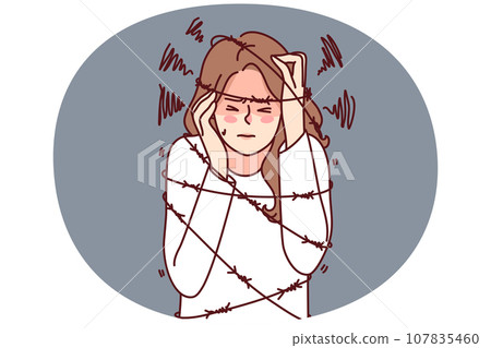 Unhappy woman in tight ropes limit life 107835460