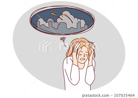 Unhappy woman stressed about rocket attacks on city Unhappy woman stressed about rocket attacks on city 107835464