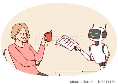 Smiling woman talking with robotic assistant on computer Smiling woman talking with robotic assistant on computer 107835478