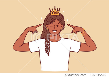 Woman princess in golden crown winks and smiles, proud of diadem won in competition Woman princess in golden crown winks and smiles, proud of diadem won in competition 107835502